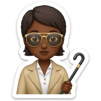 A blind person wearing sunglasses and holding a guide cane sticker