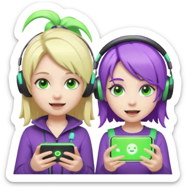 Make a blonde girl with green glowing headset on and a purple hair girl haveing fun , make them chibi emojis ,make them animated sticker