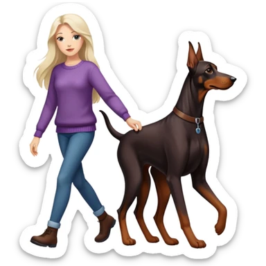A beautiful long-haired white woman wearing a sweater walking a Doberman sticker