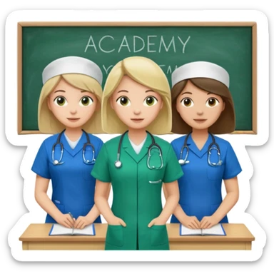3 different nurses, wearing green and blue work clothes, in a classroom, "Academy" written in white on board sticker