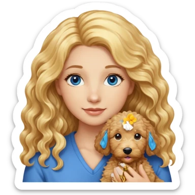 Long blonde hair, blue eyed woman with wavy blond goldendoodle sticker