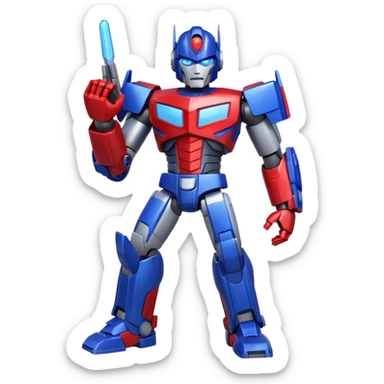 Optimus Prime emoji, apple style, full body, heroic pose, blue and red colors, no text sticker