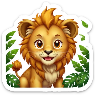 Cinematic Comical Lion Cub Portrait Emoji, Head tilted dramatically with an exaggeratedly amused expression, featuring a striking tawny Fur with a flamboyant mane and wide, expressive amber eyes filled with playful disbelief, Simplified yet hilariously expressive features, highly detailed, glowing with a slightly sassy glow, high shine, dramatic yet playful, stylized with an air of cheeky jungle mischief, bright and endearing, soft glowing outline, capturing the essence of a spirited and over-the-top Lion Cub, so meme-worthy it feels like it could roar its way into internet fame instantly! sticker