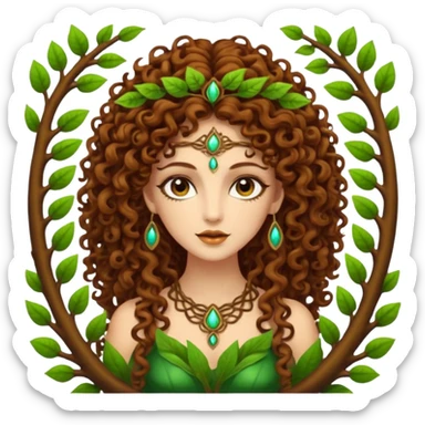 Psychedelic goddess of the forest with brown eyes , brown curly hair sticker