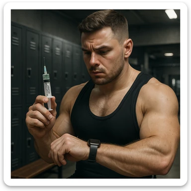 European powerlifter in locker room holding a syringe labeled 'TESTOSTERONE PROPIONATO', attentive expression, checking watch, secretive atmosphere, realistic details, gym background sticker
