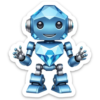 smiling robot holding a large blue diamond sticker