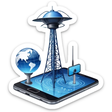 An icon featuring a satellite dish, a cell tower emitting signals, and a smartphone displaying a chat interface. The design includes fiber-optic cables and data waves, symbolizing global communication, connectivity, and information exchange. Transparent background. sticker