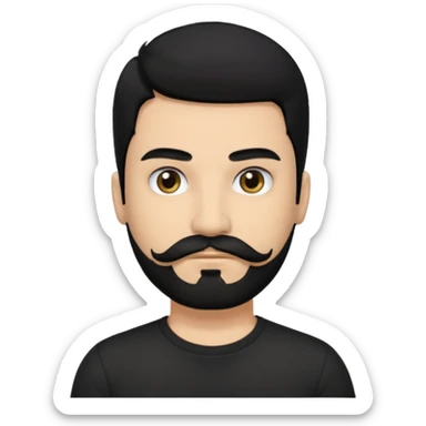 Man, hispanic skin, black hair, black beard, black mustache black eyes black t shirt, small nose, long emo hair sticker