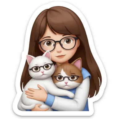 Cute girl brown hair have bangs and glasses hugging white cat sticker