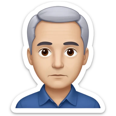 Puerto Rican actor René Monclova with light skin, round face, broad cheekbones. Lively dark brown eyes, thick straight eyebrows. Short silvery gray hair with receding hairline. Professional demeanor. Wearing a dark blue collared shirt. sticker