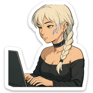  she is sitting at a laptop typing, a closeup portrait of young woman with gold yellow eyes, white hair, long braid, black off-shoulder top d-cup, punk gothic style, futuristic cyberwave cyberpunk, sitting position
 sticker