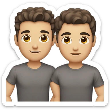 gay couple, one guy in dark gray shirt, slim face, short messy dark brown hair, dark eyes, other guy - short brown hair,light gray shirt, blue eyes, slightly shorter sticker
