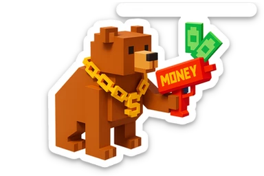 A grizzly bear with a chain and a money gun, voxel style, facing left sticker
