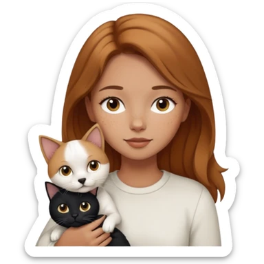 Girl with light brown hair, a few miles on her face, holding a white dog and a black cat  sticker