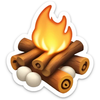 Illustrate a whimsical emoji of a cozy campfire with a happy face in the flames, surrounded by tiny roasting marshmallows on sticks sticker