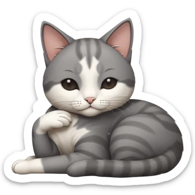 dark grey and white small cat with his eyes closed, leaning his head on his paw while leaning on his elbow lying down sticker