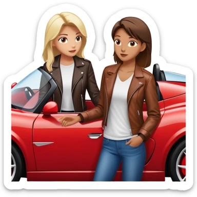 woman standing outside sports car talking to man inside sports car with window down sticker