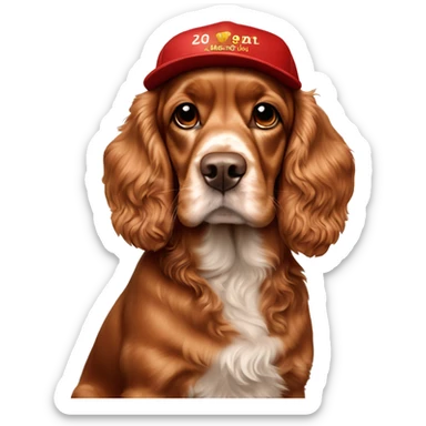 A full-length, adult, red cocker spaniel in a New Year's cap, siting sticker