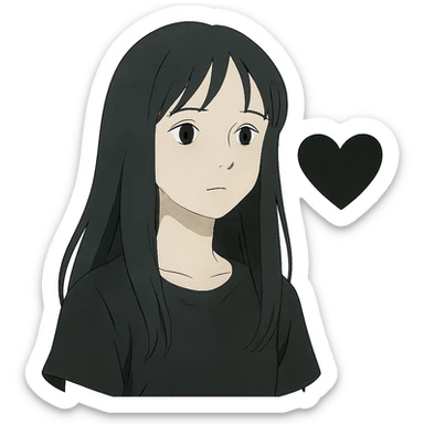 ghibli style pale girl with long black hair and a black heart sticker