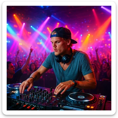 Avicii, DJ at turntables, vibrant club scene, dynamic lighting sticker