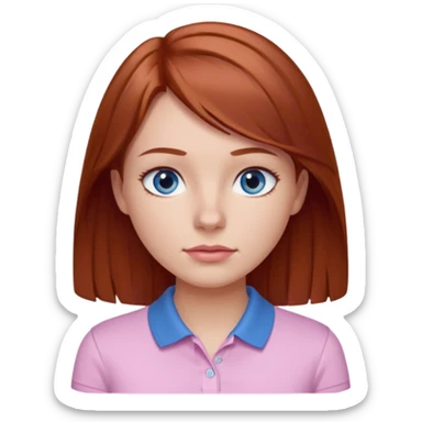 Create emojis of a girl with light brown / dark red hair slightly wavy below the shoulder. Her eyes are gray-blue, her nose is small and straight, and her lips are pink and small. Eyes with long eyelashes. The polo shirt is white. The emoji itself is up to chest level. sticker
