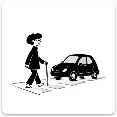 a blind person with a white cane walking on a pavement, but a car is parked blocking the path, black doodle style sticker