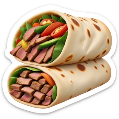 Cinematic Realistic Shawarma Dish Emoji, showcasing spiced, succulent meat wrapped in flatbread with fresh vegetables rendered with lifelike detail and dynamic, appetizing lighting. sticker