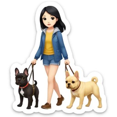 Long black hair - girl walking with dark brown french bulldog and labrador sticker