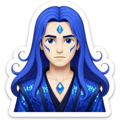 Hades from Lore Olympus with long indigo hair, indigo sequin outfit sticker