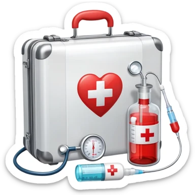 An icon featuring a medical suitcase with a red cross, a bottle of pills, a stethoscope, and a syringe, symbolizing medicine. The design includes a thermometer, bandages, and a heart monitor, representing healthcare and medical treatment. Transparent background highlights the science of healing. sticker