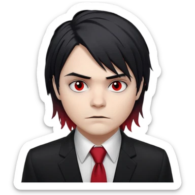 Gerard Way (Revenge Era)
Round, simplified emoji style
Pale skin tone
Jet-black, shoulder-length hair messy and emo
Heavy eyeliner and slight red shadow under the eyes
Subtle serious
Hint of red tie visible on black button up shirt.
Transparent background. Black eyeliner. Messy emo hair sticker