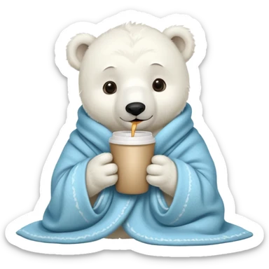 baby white polar in cozy blanket, drink coffee sticker