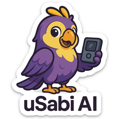 cute Nigerian parrot mascot for 'uSabi AI' with purple and yellow plumage, holding a small gadget, modern, techy, and fun style sticker