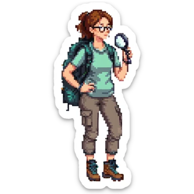 Very happy excited woman in her 40s with glasses wearing sporty outfit, hiking boots, and backpack, holding a magnifying glass sticker