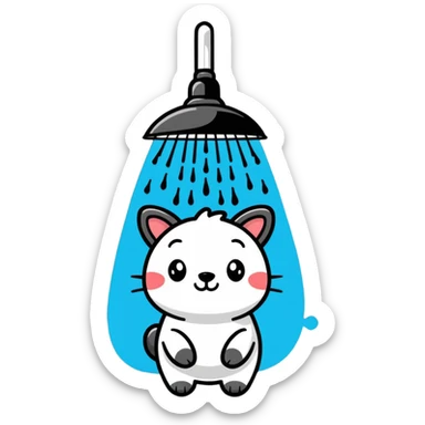 a cute animal under a showerhead with water droplets sticker