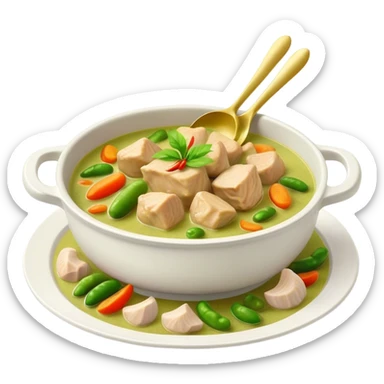 Green Chicken Curry Cinematic Realistic Green Chicken Curry Dish Emoji, depicted as tender chicken chunks simmered in a fragrant green curry sauce with vegetables, rendered with vivid textures and dynamic, vibrant lighting. sticker