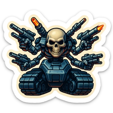 Create a skull robot tank inspired by the attached images, featuring a small skull face set low and forward, four mechanical arms equipped with guns and blasters, in a menacing and aggressive pose. Use extra shiny silver-grey metal with almost black inner tech. The proportions should be compact and wide. Render in retro stickers style with a clean outline and transparent background. sticker
