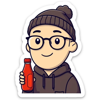 white guy with glasses, wearing a black beanie, no eyebrows, holding a bottle of ketchup sticker
