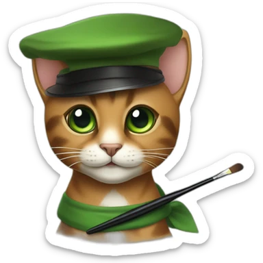 Brown cat with black stripes and white mustache and the contour of the white mouth and green eyes with a brush pencil and a black beret and a painting palette sticker