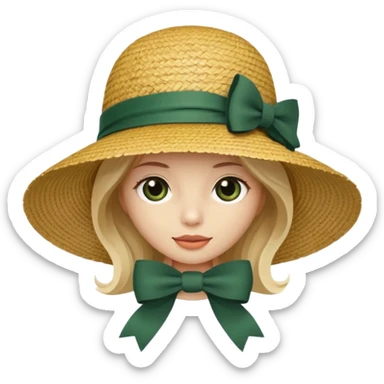 light beige women's straw hat with large brim and dark green bow sticker