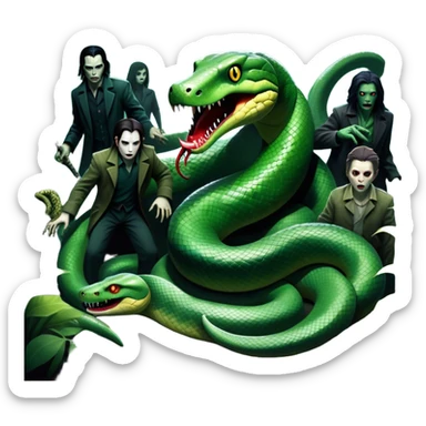 Thriller Movie Icon: A dramatic, close-up collage with sinister villains, a slithering anaconda, and zombie figures emerging from the shadows. Dark and moody atmosphere with eerie lighting, tension-filled elements, among jungle. Transparent background. sticker