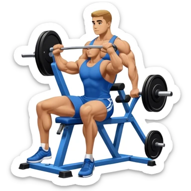 side-view bodybuilder in blue shorts seated weighted calf-raise machine on his tip toes sticker