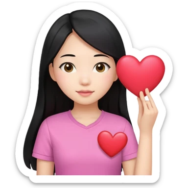 Asian girl long pink shirt hair with heart sign sticker