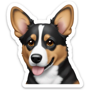 A dog, mix of corgi and blue heeler, colors are black with black and white on paws and little dots on paws, white streak along the nose, brown inside of the ears sticker