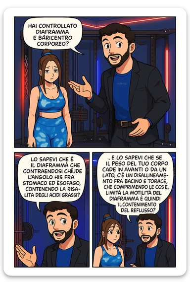TRASFORMA QUESTO CAROSELLO IN UN FUMETTO STILE WEBTOON/MANGA A COLORI CON QUESTE DUE PERSONE IDENTICHE CHE INTERLOQUISCONO TRA LORO, L'uomo sta spiegando alla donna questo concetto:

LUI (UOMO): Hai controllato diaframma e baricentro corporeo?
LUI (UOMO): Lo sapevi che è il diaframma che contraendosi chiude l’angolo his fra stomaco ed esofago, contenendo la risalita degli acidi grassi?
LUI (UOMO): …e lo sapevi che se il peso del tuo corpo cade in avanti o da un lato, c’è un disallineamento fra bacino e torace, che comprimendo le coste, limita la motilità del diaframma e quindi il contenimento del reflusso? sticker