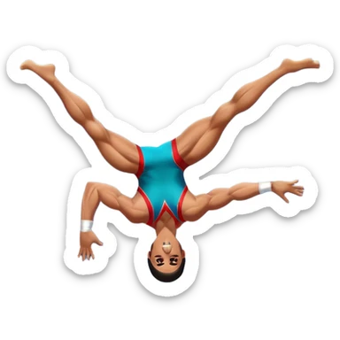 A skilled acrobat mid-air, executing a breathtaking flip with perfect control. The pose radiates strength, balance, and agility. The background suggests a dynamic performance space, with stage lights or a competition arena, emphasizing motion, precision, and teamwork. sticker