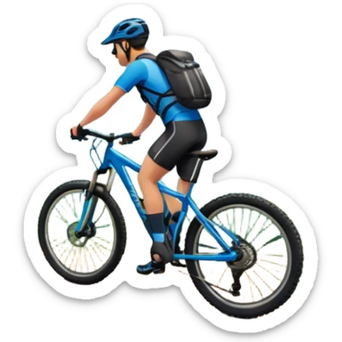 An icon featuring a mountain bike standing on a scenic trail. The background showcases majestic mountains, lush green valleys, and a bright blue sky with fluffy clouds. The sun casts warm light over the landscape, emphasizing the beauty of outdoor cycling. Transparent background sticker
