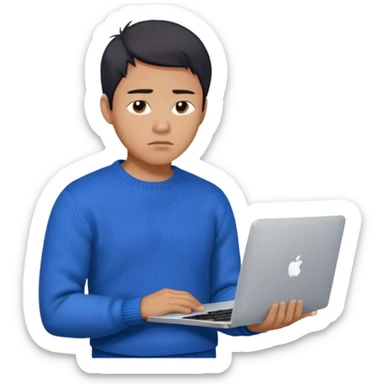 a asian handsome guy wearing a blue knit with white shirt, looking sad, holding a macbook, only upper body, high quality sticker