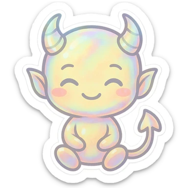devil emoji, chibi style, holographic effect, iridescent pale yellow and peach, elegant horns, sweet smile sticker