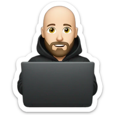 bald white man with a black beard typing on apple computer wearing a black hoodie sticker